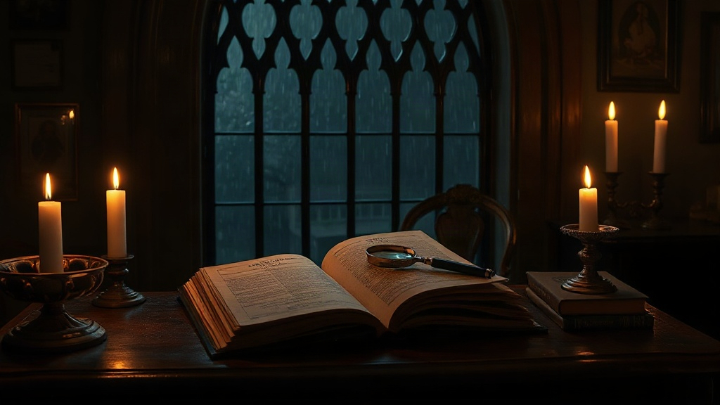 Candlelit detective study with case files