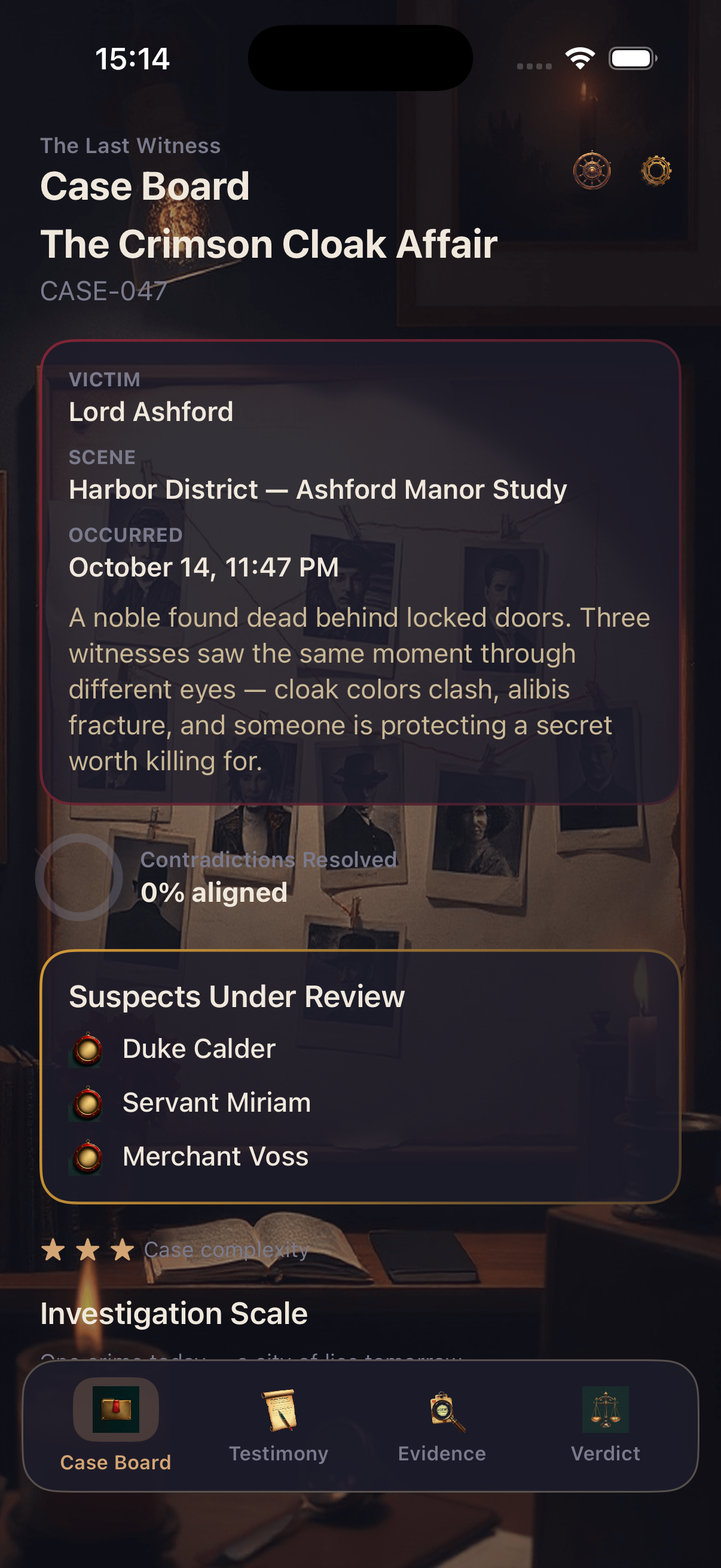 Case board with progress and suspect list