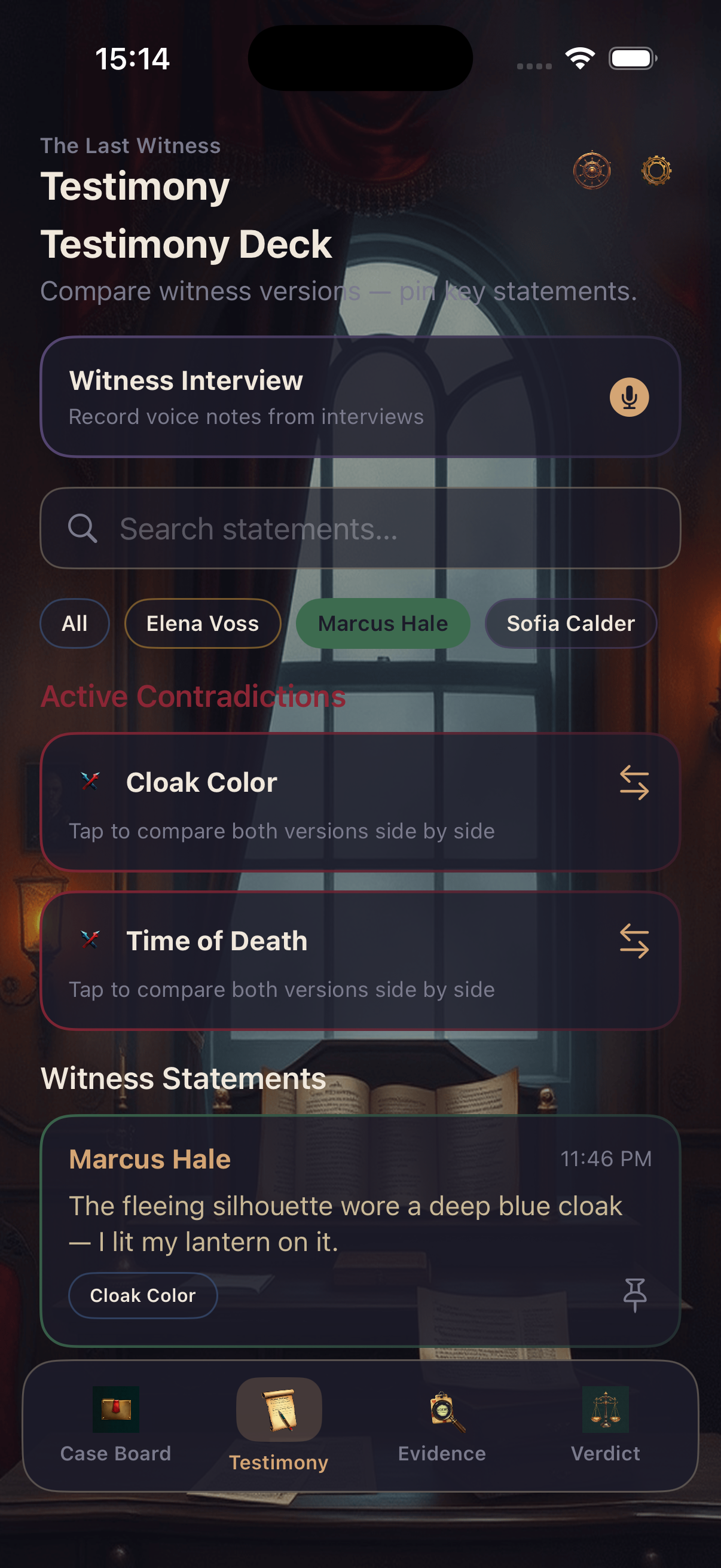 Testimony deck with witness filter
